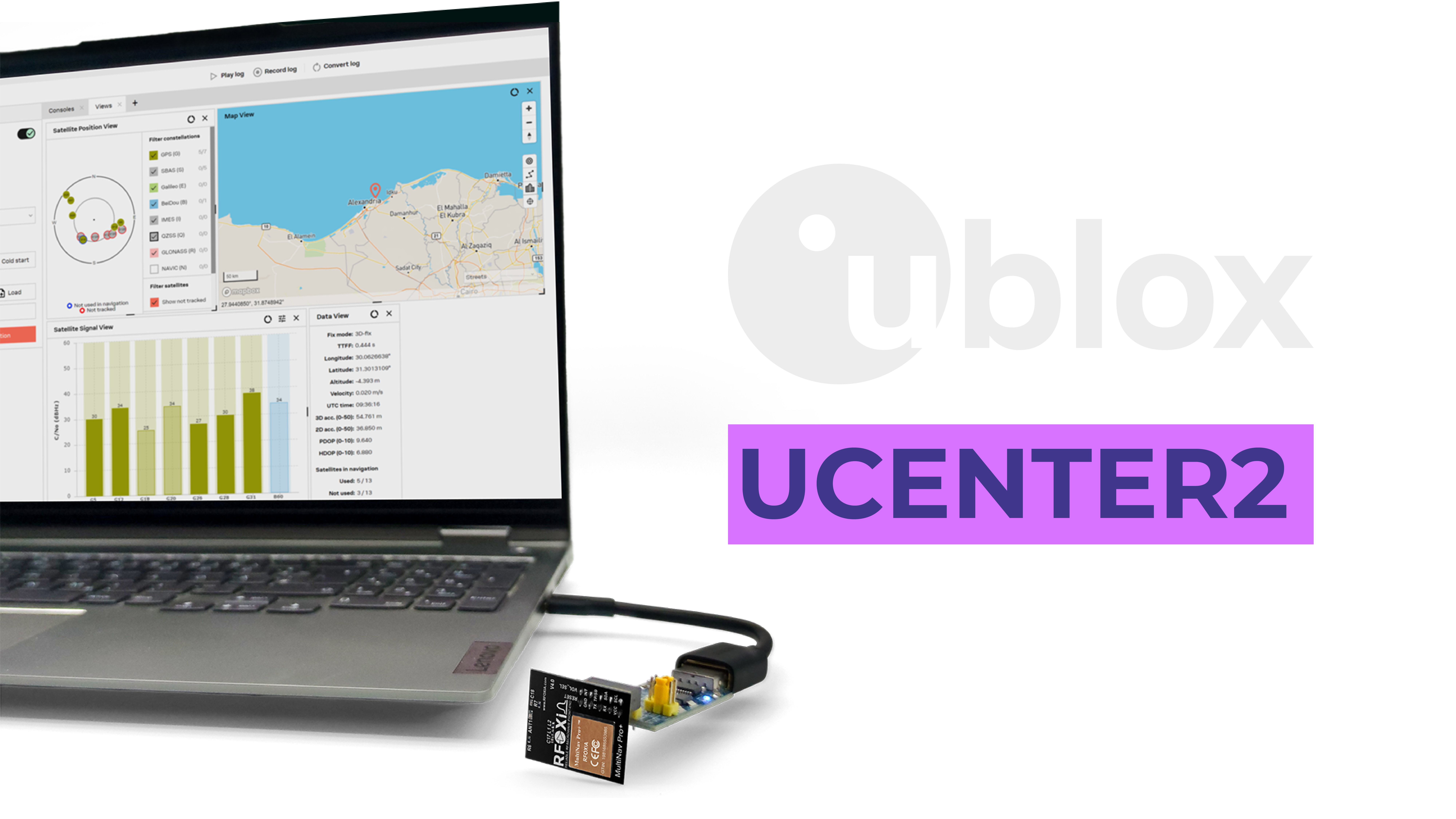u-blox u-center software GUI visualizing GNSS satellite tracking and configuration